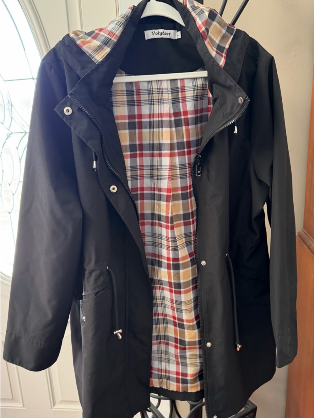 Black Hooded Women's Rain Jacket with Plaid Lining